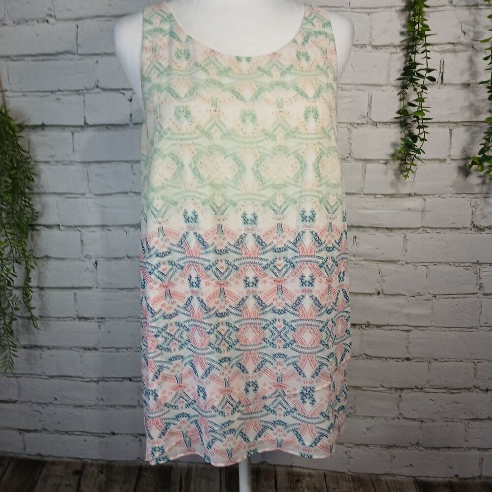 HEART OF CABI MOSAIC PRINT, BLUE PINK CREAM,BLOUSE,FLOWY, LINED, SIZE M